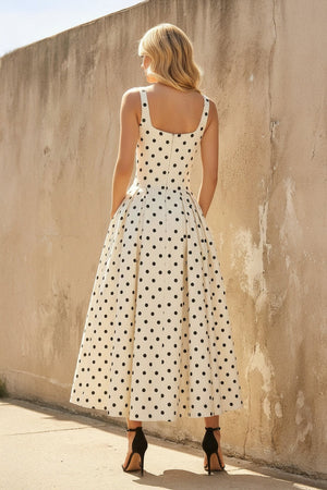 Square Neck Polka Dot Midi Dress in Ivory - SHE IS ME
