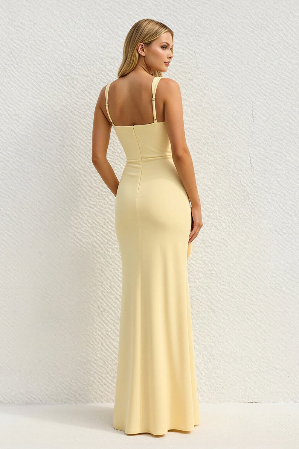 Square Neck Ruched Slit Maxi Dress in Yellow - SHE IS ME