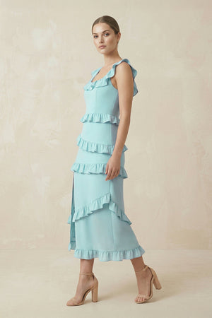 Square Neck Ruffled Sheath Satin Midi Bridesmaid Dress in Bleached Aqua - SHE IS ME Bridesmaid Dresses