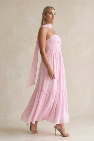 Strapless A - Line Chiffon Ruffled Bridesmaid Dress With Ribbon in Candy Pink - SHE IS ME Bridesmaid Dresses
