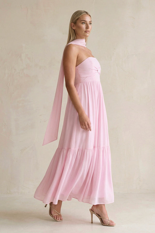 Strapless A - Line Chiffon Ruffled Bridesmaid Dress With Ribbon in Candy Pink - SHE IS ME Bridesmaid Dresses
