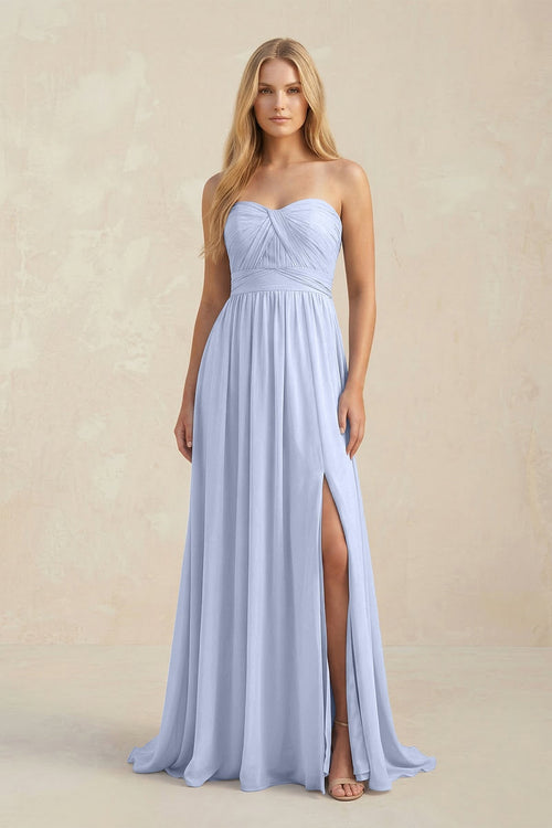 Strapless A - Line Pleated Chiffon Bridesmaid Dress With Slit in Ice - SHE IS ME Bridesmaid Dresses