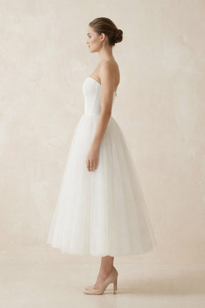 Strapless A Line Tulle Midi Wedding Dress in White - SHE IS ME Wedding Dresses