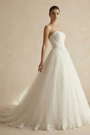 Strapless A Line Tulle Wedding Dress With Appliques in Ivory - SHE IS ME Wedding Dresses