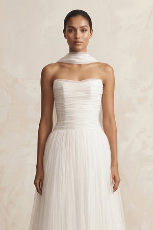 Strapless Chiffon A - Line Pleated Scarf Wedding Dress in Ivory - SHE IS ME Wedding Dresses