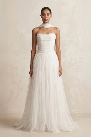 Strapless Chiffon A - Line Pleated Scarf Wedding Dress in Ivory - SHE IS ME Wedding Dresses