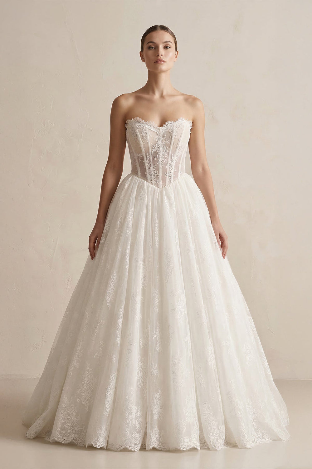 Strapless Lace Basque Waist Ball Gown Wedding Dress in Ivory - SHE IS ME Wedding Dresses