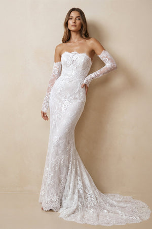 Strapless Lace Sheath Long Sleeve Wedding Dress in Ivory - SHE IS ME Wedding Dresses