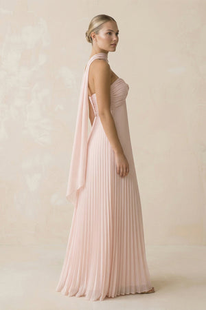 Strapless Pleated A Line Maxi Dress With Scarf in Blush - SHE IS ME PROM DRESSES