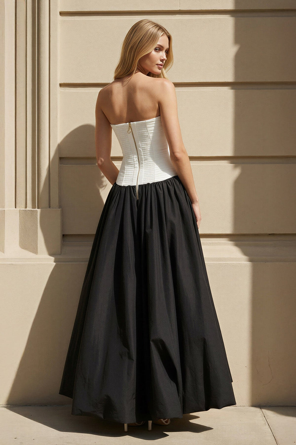 Strapless Pleated Gown in Black and White - SHE IS ME