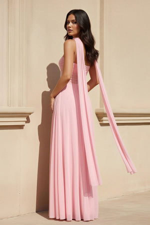 Strapless Pleated Maxi Dress With Scarf in Pink - SHE IS ME