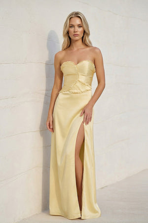 Strapless Pleated Maxi Dress With Slit in Yellow - SHE IS ME