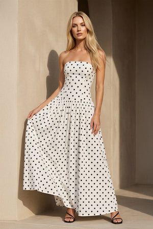 Strapless Polka Dot Maxi Dress in White - SHE IS ME