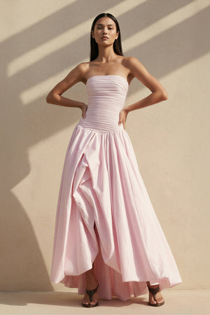 Strapless Ruched Bubble Hem Gown in Pink - SHE IS ME