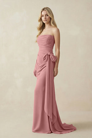Strapless Ruched Maxi Dress With Bow in Mulberry