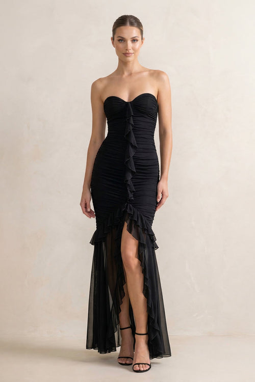 Strapless Ruched Ruffle High-Low Maxi Dress in Black