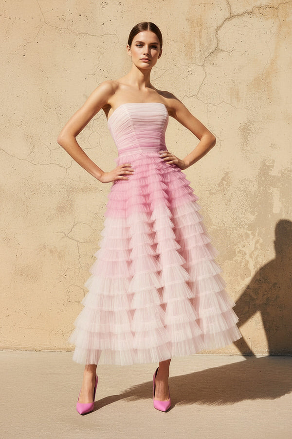 Strapless Ruffled Midi Dress in Pink - SHE IS ME
