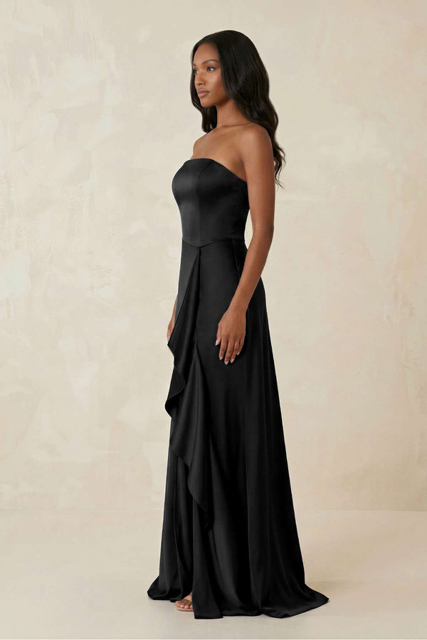 Strapless Ruffled Sheath Bridesmaid Dress in Black - SHE IS ME Bridesmaid Dresses