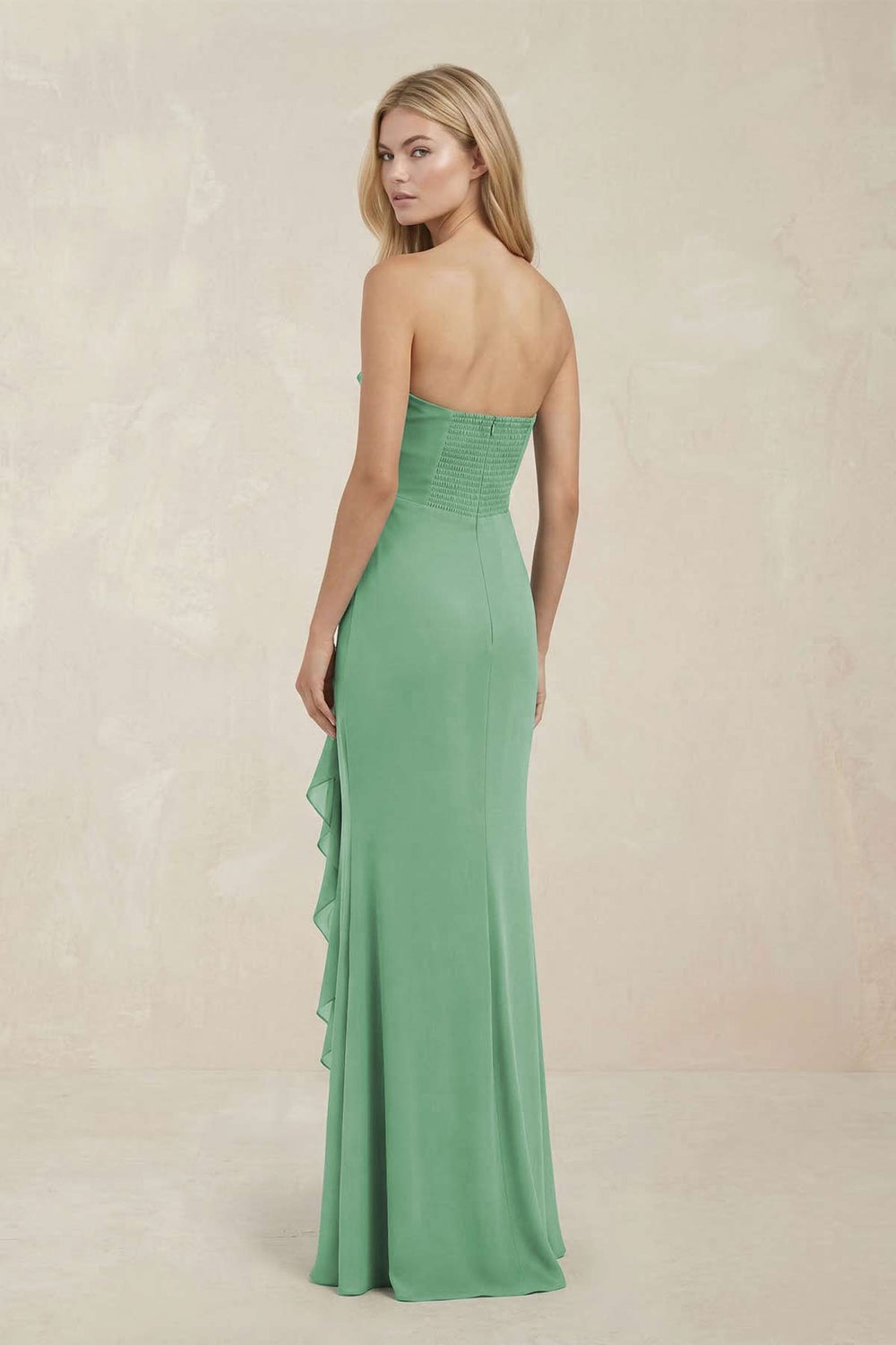 Strapless Ruffled Sheath Bridesmaid Dress in Sea Glass - SHE IS ME Bridesmaid Dresses