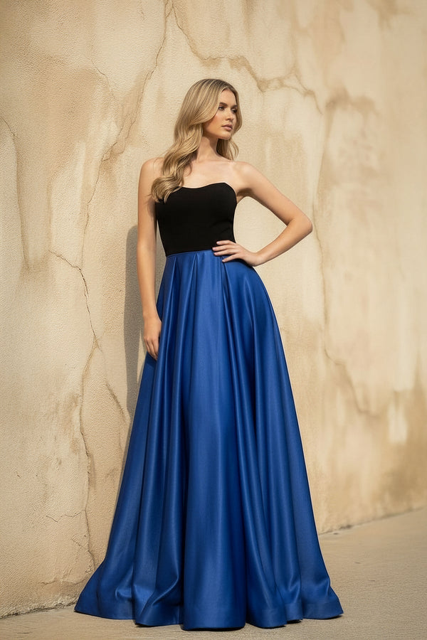 Strapless Satin Gown in Black and Royal Blue - SHE IS ME