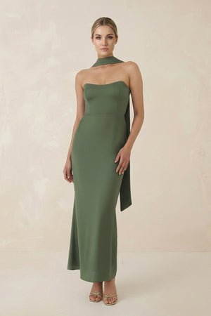Strapless Sheath Midi Bridesmaid Dress With Ribbon in Thyme - SHE IS ME Bridesmaid Dresses