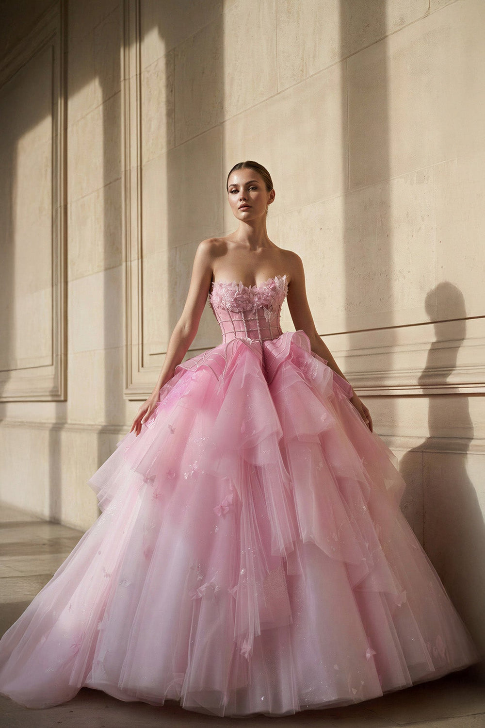 Strapless Tulle Gown With Appliques in Pink - SHE IS ME