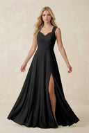 Sweetheart A - Line Chiffon Long Bridesmaid Dress in Black - SHE IS ME Bridesmaid Dresses