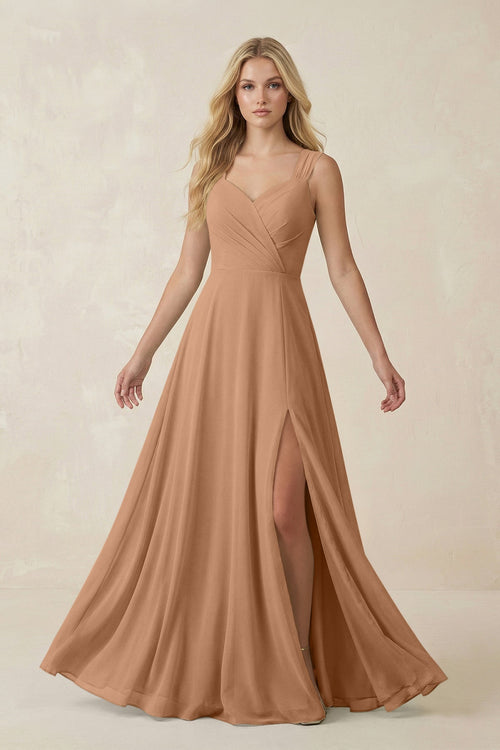 Sweetheart A - Line Chiffon Long Bridesmaid Dress in Bronzer - SHE IS ME Bridesmaid Dresses