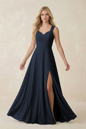 Sweetheart A - Line Chiffon Long Bridesmaid Dress in Dark Navy - SHE IS ME Bridesmaid Dresses