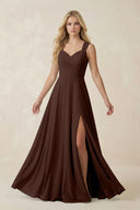 Sweetheart A - Line Chiffon Long Bridesmaid Dress in Espresso - SHE IS ME Bridesmaid Dresses