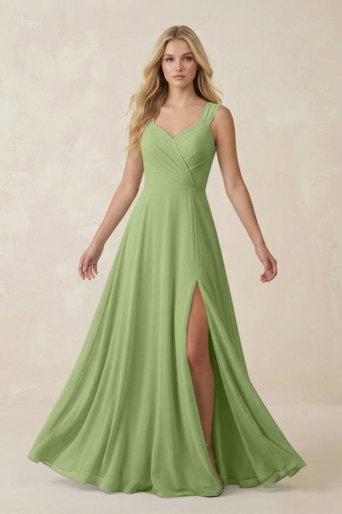 Sweetheart A - Line Chiffon Long Bridesmaid Dress in Matcha - SHE IS ME Bridesmaid Dresses