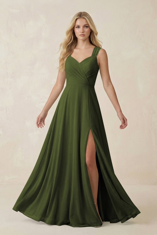 Sweetheart A - Line Chiffon Long Bridesmaid Dress in Olive - SHE IS ME Bridesmaid Dresses