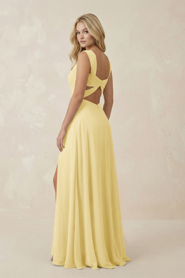 Sweetheart A - Line Chiffon Long Bridesmaid Dress in Pastel Yellow - SHE IS ME Bridesmaid Dresses