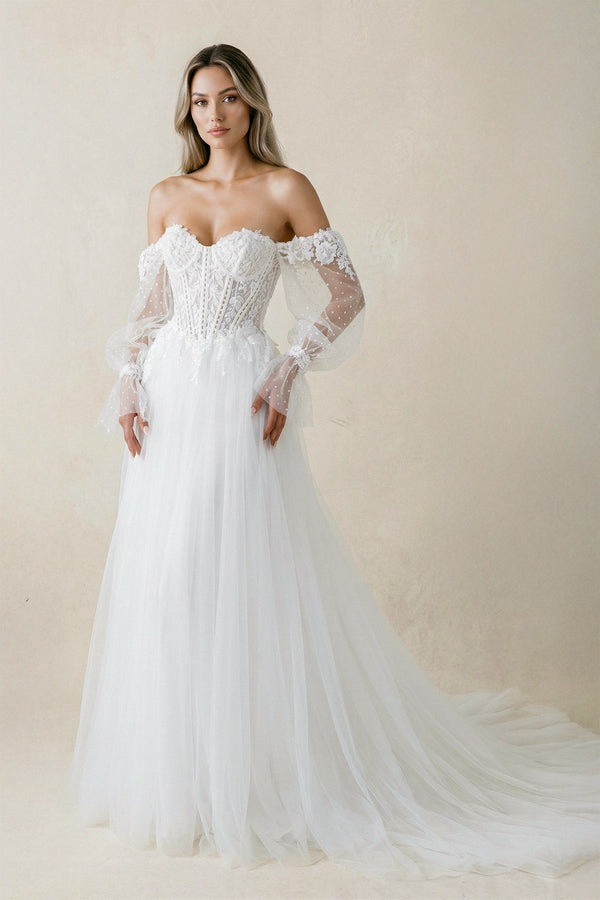 Off-the-Shoulder A Line Long Sleeves Tulle Wedding Dress in White