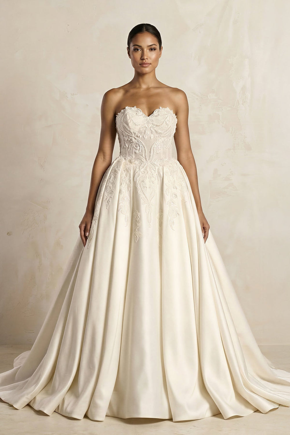 Sweetheart Beaded Satin Ball Gown Wedding Dress in Ivory - SHE IS ME Wedding Dresses