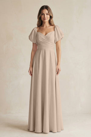 Sweetheart Puff Sleeve A - Line Chiffon Bridesmaid Dress in Almond - SHE IS ME Bridesmaid Dresses