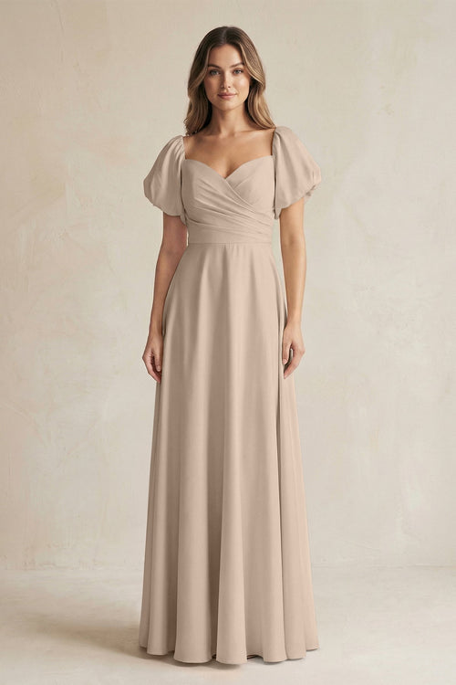 Sweetheart Puff Sleeve A - Line Chiffon Bridesmaid Dress in Almond - SHE IS ME Bridesmaid Dresses