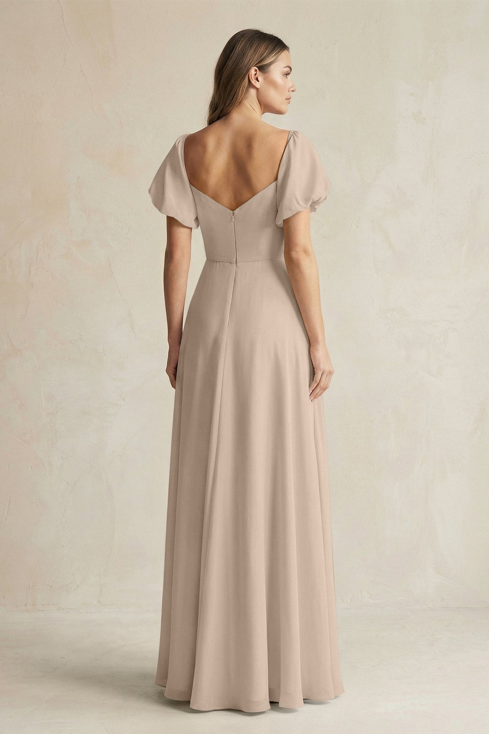Sweetheart Puff Sleeve A - Line Chiffon Bridesmaid Dress in Almond - SHE IS ME Bridesmaid Dresses