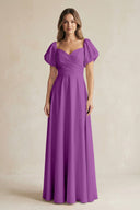 Sweetheart Puff Sleeve A - Line Chiffon Bridesmaid Dress in Amethyst - SHE IS ME Bridesmaid Dresses