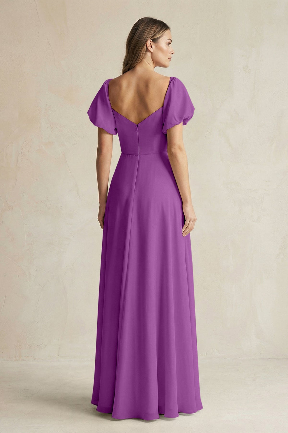 Sweetheart Puff Sleeve A - Line Chiffon Bridesmaid Dress in Amethyst - SHE IS ME Bridesmaid Dresses
