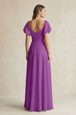 Sweetheart Puff Sleeve A - Line Chiffon Bridesmaid Dress in Amethyst - SHE IS ME Bridesmaid Dresses
