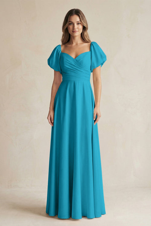 Sweetheart Puff Sleeve A - Line Chiffon Bridesmaid Dress in Blue Jay - SHE IS ME Bridesmaid Dresses