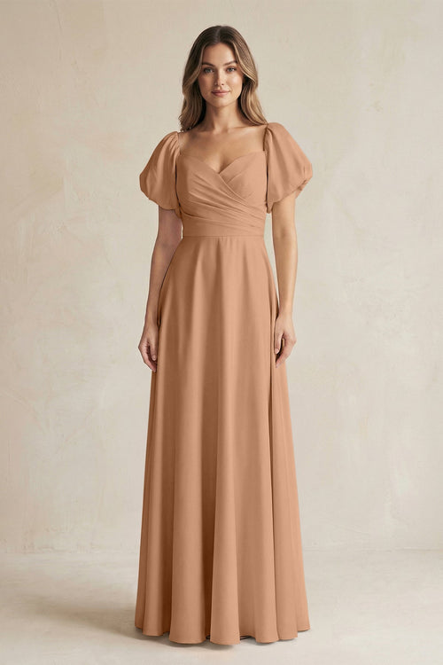 Sweetheart Puff Sleeve A - Line Chiffon Bridesmaid Dress in Bronzer - SHE IS ME Bridesmaid Dresses