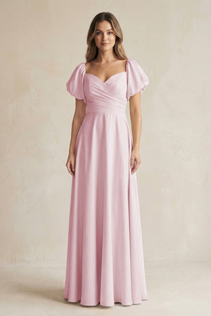 Sweetheart Puff Sleeve A - Line Chiffon Bridesmaid Dress in Candy Pink - SHE IS ME Bridesmaid Dresses