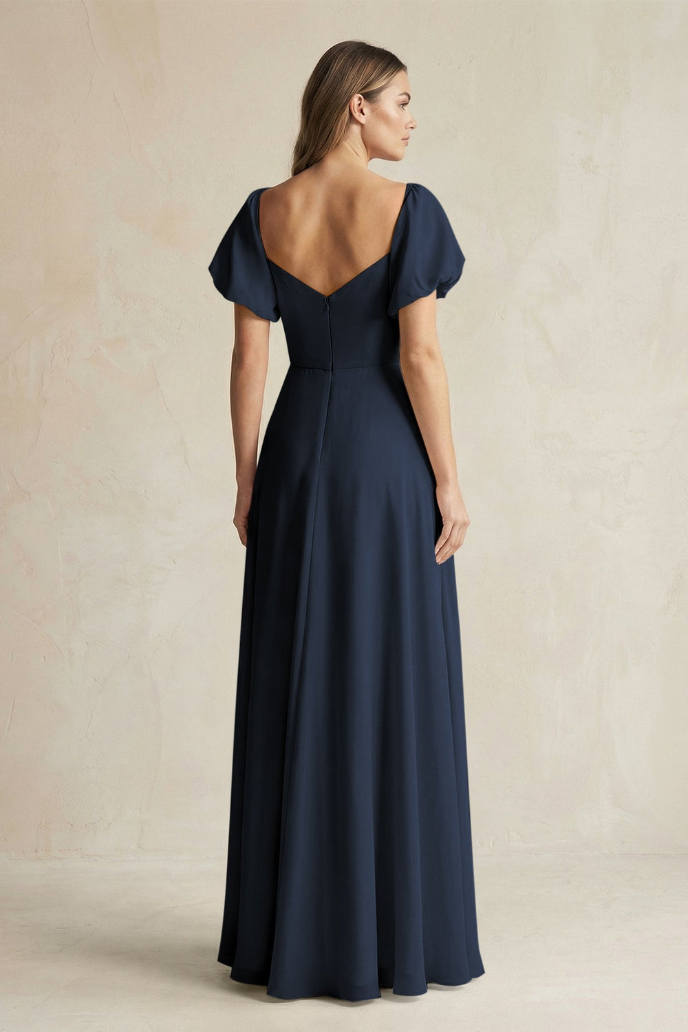Sweetheart Puff Sleeve A - Line Chiffon Bridesmaid Dress in Dark Navy - SHE IS ME Bridesmaid Dresses