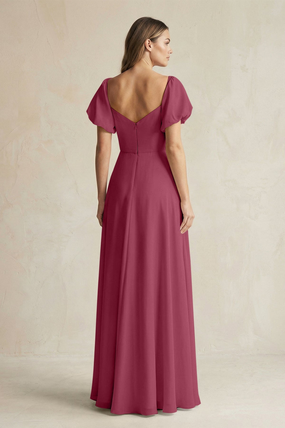 Sweetheart Puff Sleeve A - Line Chiffon Bridesmaid Dress in Desert Rose - SHE IS ME Bridesmaid Dresses