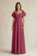 Sweetheart Puff Sleeve A - Line Chiffon Bridesmaid Dress in Desert Rose - SHE IS ME Bridesmaid Dresses