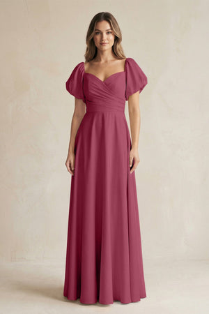 Sweetheart Puff Sleeve A - Line Chiffon Bridesmaid Dress in Desert Rose - SHE IS ME Bridesmaid Dresses