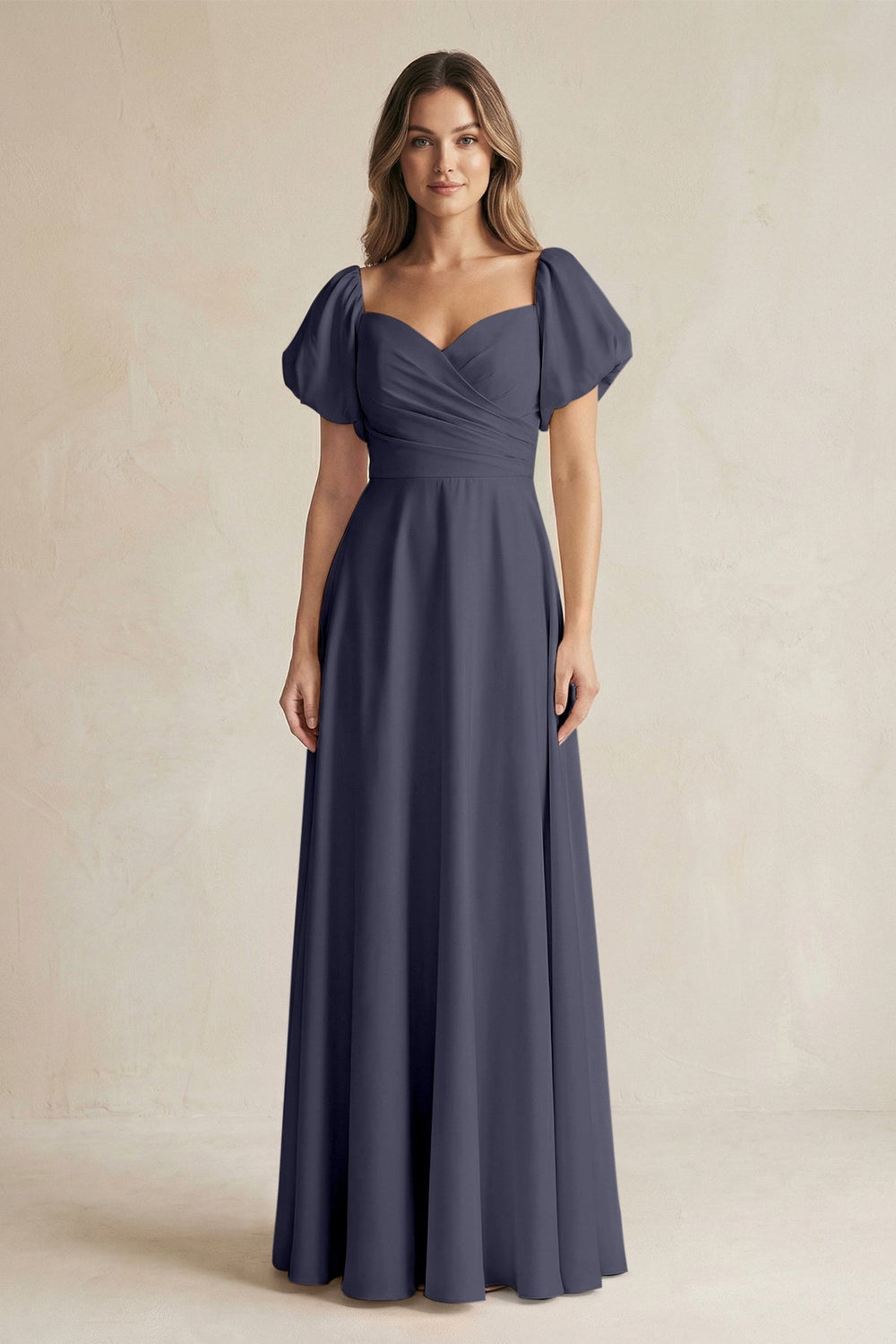 Sweetheart Puff Sleeve A - Line Chiffon Bridesmaid Dress in Dusk Blue - SHE IS ME Bridesmaid Dresses