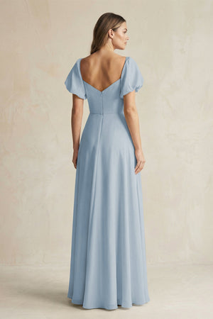 Sweetheart Puff Sleeve A - Line Chiffon Bridesmaid Dress in Dusty Blue - SHE IS ME Bridesmaid Dresses